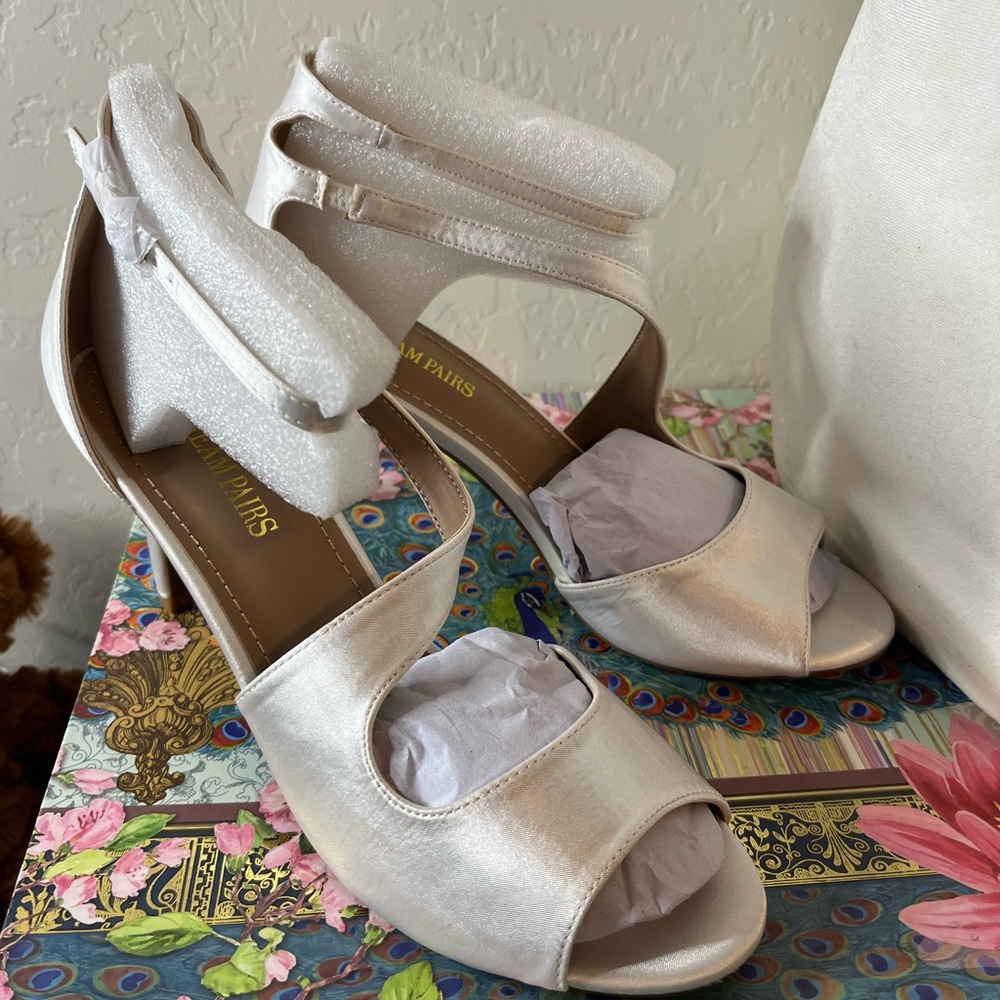 Women's Ivory Satin Strappy Heels - Picture 2 of 4